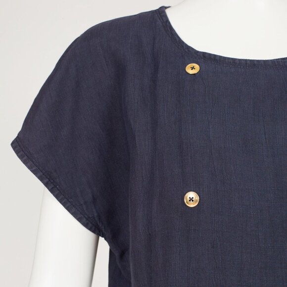 Genny 1980s Vintage Italian Navy Linen Double-Breasted Shift Dress Sz M L - Picture 2 of 7
